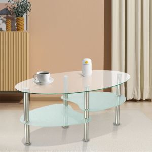 Table basse en verre tremp&eacute; QUIIENCLEE 90*50*43cm transparent + blanc tube inox pour salon et chambre &agrave; coucher