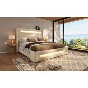 Lit coffre 160x200 cm en lin beige avec t&ecirc;te 70 cm &eacute;clairage LED coffre hydraulique et ports USB/Type-C