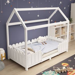 lit cabane enfant pour Fille & Garçon 90x200 lit au sol enfant Lit enfant en bois massif Avec sommier à lattes et garde-corps Blanc