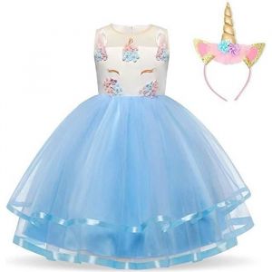 Robe de Soir&eacute;e Licorne avec Serre-t&ecirc;te Bandeau Fille Robe de Princesse Tutu de Danse pour Anniversaire F&ecirc;te Cosplay Costume 2-6 Ans
