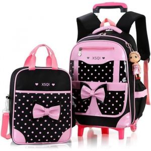 Trousse et Cartable a Roulettes pour Filles - MEGAWISE - Noir ＆ Rose - 2 Roues - N&oelig;ud Papillon