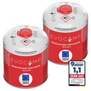 EVOCAMP 2X cartouche de gaz propane butane 450g cartouche &agrave; vis avec filetage europ&eacute;en 7/16 EN 417 bouteille de gaz 809ml