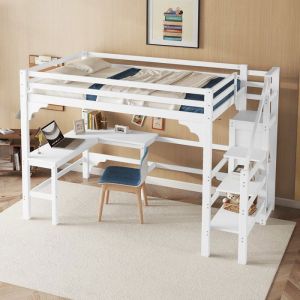 Lit mezzanine enfant 140x200cm 2 places Lit en bois massif avec bureau escalier Avec armoire ouvert  pin blanc