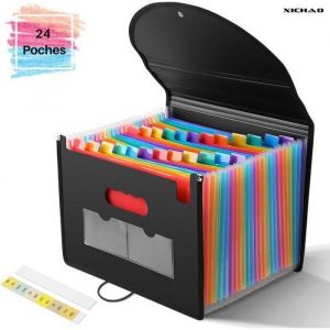 Trieur &agrave; Soufflets Classeur Rangement Papier Chemise Trieur Plastique 24 Compartiments Avec Couvercle A4 Documents