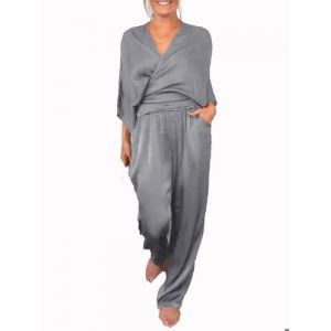 Ensemble haut à manches courtes et pantalon en satin uni ECELEN pour femme - Gris