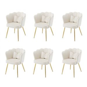 Chaise Lot 6 chaises salon modernes velours dossier pétales pieds métal doré coussins papillon chambre/salle à manger Beige