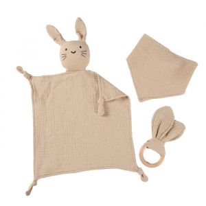 Lot de 3 Coffret Naissance B&eacute;b&eacute; de Fille et Gar&ccedil;on - 100% Coton Doux Doudou Bavoir et Anneau Cadeau Kit  pour Nouveau-n&eacute;(Kaki)
