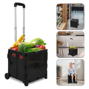 Cecaylie Chariot de courses pliable avec couvercle caisse sur roulettes 2 Roues Poign&eacute;e t&eacute;lescopique 40 kg noir DIABLE