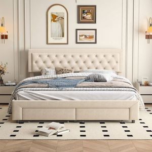 Lit coffre 160x200cmLit 160x200cmLit double 160x200cmrembourr&eacute;T&ecirc;te de lit capitonn&eacute;e &agrave; boutons+Tiroirs au piedVeloursBeige