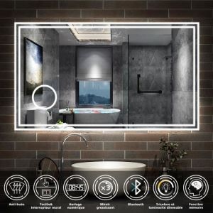 AICA Miroir de salle de bain LED 120x70cm Tricolor anti-bu&eacute;e avec bluetooth simple horloge et miroir grossissant 3x
