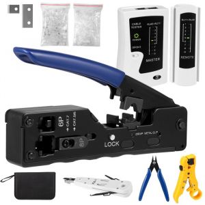 Kit doutils r&eacute;seau avec 50 connecteurs RJ45 Cat7/Cat6a Pass Through pince &agrave; d&eacute;nuder outil de sertissage RJ45 avec testeur