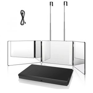 Miroir 360 &agrave; LED-Miroir 3 Faces Pliable-Miroir Coiffeuse-92x20cmHauteur R&eacute;glable avec CrochetsAvec R&eacute;glable LEDLumi&egrave;re Tricolore