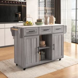 Desserte à Roulettes Cuisine rangement en bois multifonctionnelle avec plan de travail -avec tiroir-L139 x P46(71) x H91.5 cm-Gris