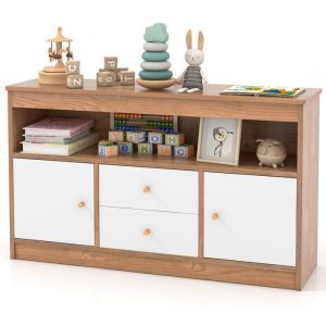 GOPLUS Petit Meuble de Rangement pour Enfants avec 2 Tiroirs2 Armoires Fermées1 Compartiment Ouvert-106x30x62CMNaturel
