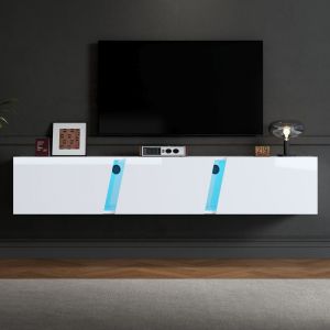Meuble TV Mural 180 x 35 x 30 cm Blanc Laqu&eacute;  Meuble TV Suspendu avec LED  Buffet Flottant Moderne avec 3 Portes