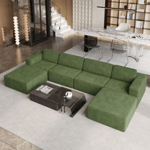 Grand canap&eacute; dangle modulable en Velours C&ocirc;tel&eacute; 4 places et 2 pouf 404x202x82cm Vert