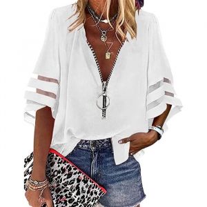 Chemisier Femme Blouse Élégant Manches Longues Col V Fermeture Éclair Tunique Ample Fluide Mousseline de Soie Chic Casual Haut