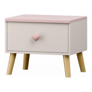 Table de chevet - HELLOSHOP26 - Mod&egrave;le enfant - Blanc et rose - 1 tiroir c&oelig;ur - Bois MDF et pin