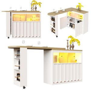 Table Haute Extensible 135&ndash;205 cm avec LED et Rangements &ndash; Bar Mobile sur Roulettes Blanc Moderne