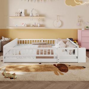 Lit Enfant 140x190 cm avec Rangement Ouvert Lit 2 Personnes avec &eacute;tag&egrave;res Lit Double avec Sommier en Pin Blanc