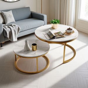 Table Basse Ronde - Bois Marbre et Pieds M&eacute;tal - Table basse gigogne - Salon - D 80/60 x H 45/33 cm - Blanc et Or