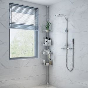 QIAN Étagère de Douche Télescopique 110 à 280cm - Acier inox - 4 Tablettes - Étagère d’angle Salle de bain Sans perçage - Argenté