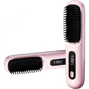 2 en 1 Fer &agrave; Lisser &agrave; ions N&eacute;gatifs Brosse &agrave; Lisser Sans filMini Lisseur PortableLisseur Chauffant Peigne &Agrave; Cheveux Rose