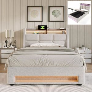 Lit Coffre 90x200 cm avec USB Lit Simple LED Pour Sommier à Lattes En MéTal MatièRe En Lin Lit 1 PersonneBeige