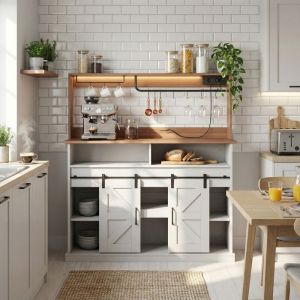 Buffet de cuisine 120 cm - Avec prises &eacute;lectriques et ports USB - Avec porte-gobelets et crochets - Portes coulissantes - Blanc