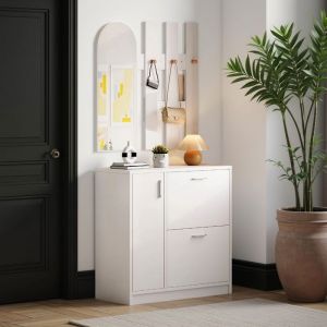 Meuble dEntrée 4-en-1 - Novélys - Vestiaire avec Rangement Chaussures à Abattants Miroir et Portemanteau - Blanc