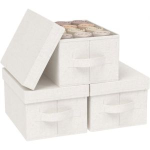 3PCS Boîtes de Rangement avec Couvercle Panier Rectangulaire en Tissu Meuble Casier Cube de Vêtements Pliables33×23×18 cmBeige