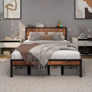 Lit en fer cadre de lit en fer forg&eacute; lit en m&eacute;tal avec t&ecirc;te de lit design moderne 140 x 200 cm noir + brun Vintage