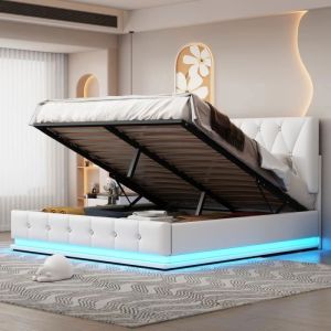 Lit coffre 140 x 200 - PERGAR - Lit capitonné avec sommier à lattes - éclairage LED - simili cuir - blanc