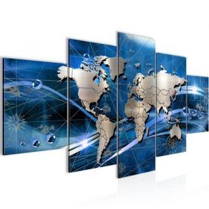 Tableau Décoration Murale Runa art 106853a Carte du Monde 150x75 cm - 5 Panneaux Deco Toile Prêt à Accrocher - Bleu