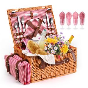 Panier de Pique Nique pour 4 Personnes en Osier avec Compartiment Isotherme Couverture Pique-Nique Imperméable et Couverts