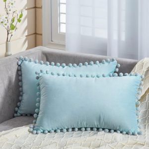 Rectangle 30x50cm Bleu Canard Housse De Coussin 12x20 Pouces Housses De Coussin Doux Pour Canap&eacute; Chaise Salon Pom Pom Housses De