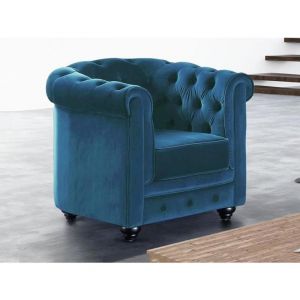Fauteuil CHESTERFIELD - Velours bleu canard