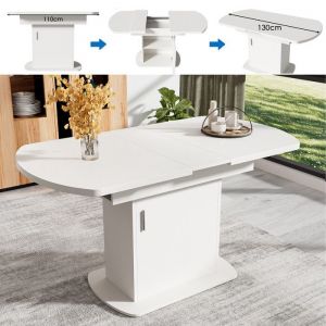 Table &agrave; Manger Extensible - 110-130cm - Blanc Moderne - Poign&eacute;es Argent - Rangement Int&eacute;gr&eacute;