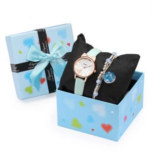Coffret Cadeau Montre Fille + Bracelet Fille - Montre enfant fille 2022 Chat quartz mignon etanche bleu clair - Cadeau pour enfants