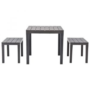 Ensemble table et bancs de jardin - KAI - Marron - Résistant aux intempéries - 1 table et 2 bancs