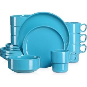 Service Complet de Table 16 pi&egrave;ces LOVECASA S&eacute;rie SWEET KDS-1 bord deboutempilableen porcelaine pour 4 Personnes - Bleu Marine