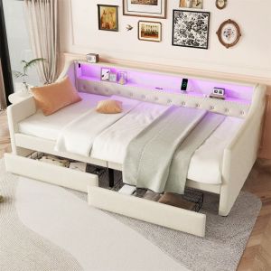 Banquette Lit avec LED et Tiroir de Rangement - Lit 1 Place avec Sommier pour Adulte et Ado - Prise USB - Beige - Lin