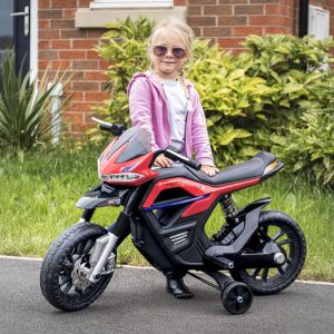 Moto &eacute;lectrique pour enfants 25 W 6 V 3 Km/h effets lumineux et sonores roulettes amovibles rouge