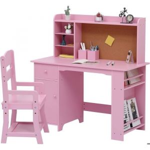 Bureau Enfant avec Chaise-96x46x99CM-1 Armoire &agrave; Porte+Biblioth&egrave;que Dessus+Tableau dAffichage-ROSE