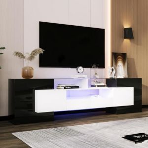 Meuble TV Blanc et noir brillant avec LED4 Portes + 2 TiroirsMeuble T&eacute;l&eacute; surface en verre200cm