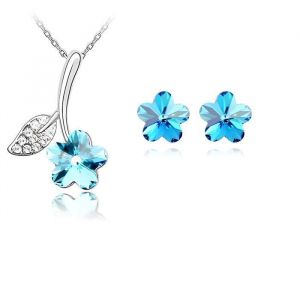 Parure Bijoux - Femme - Fleur - Cristal Autrichien - Bleu - Turquoise - Plaqu&eacute; Or Blanc 750/1000 - 4 Pi&egrave;ces