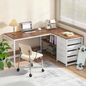 Bureau dangle en Forme de L-Etagères de rangement-Support Décran-Grand plateau-bureau gaming angle-150 x 120 x 75cmBlanc