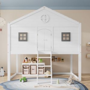 Lit mezzanine 90x200 cm lit enfant lit cabane avec protection antichute et rails structure en pin - blanc