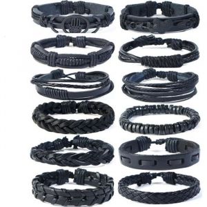 Bracelet Rétro RMEGA - Homme Femme - Noir - Cuir - 12 Pcs - Oxyde de zirconium