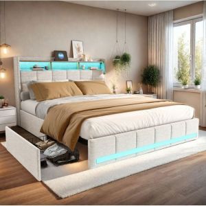Lit 140x190 CM - Lit adulte avec LED et USB - Lit Coffre avec 4 tiroirs de rangement et Tete de lit - 2 Personne - Beige - Tissu